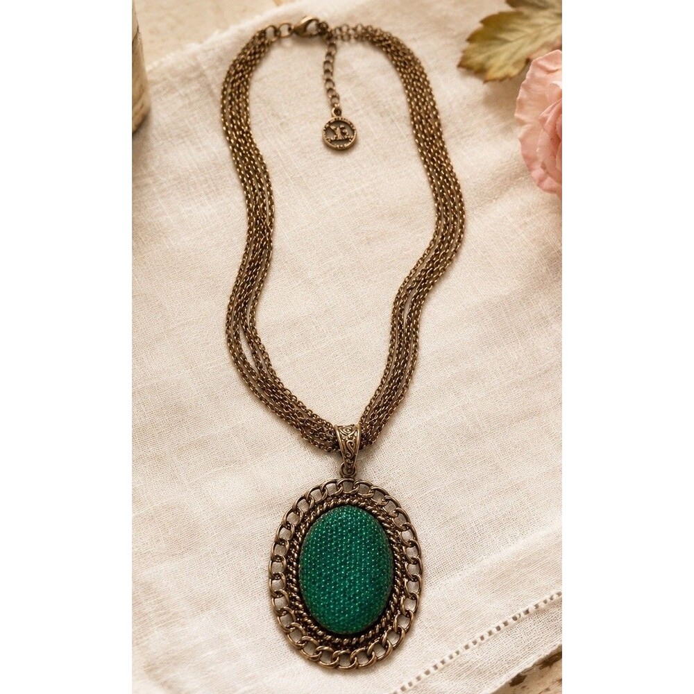 Vintage Gold Tone Multi Strand Emerald Green Rhinestone Pendant Necklace Signed